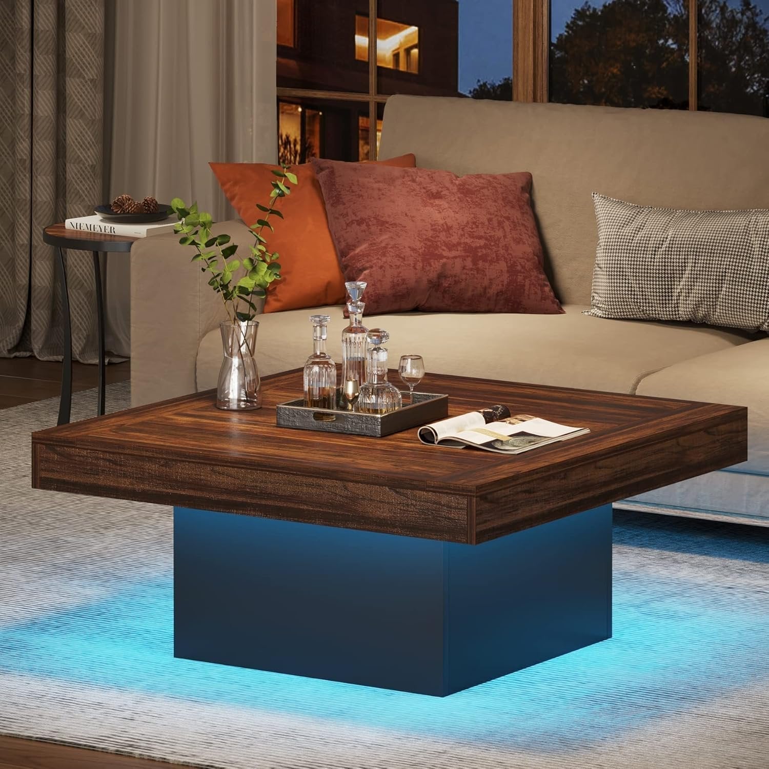 Tribesigns LED-Couchtisch Quadratisch 90 cm, Moderner Wohnzimmertisch im Landhausstil