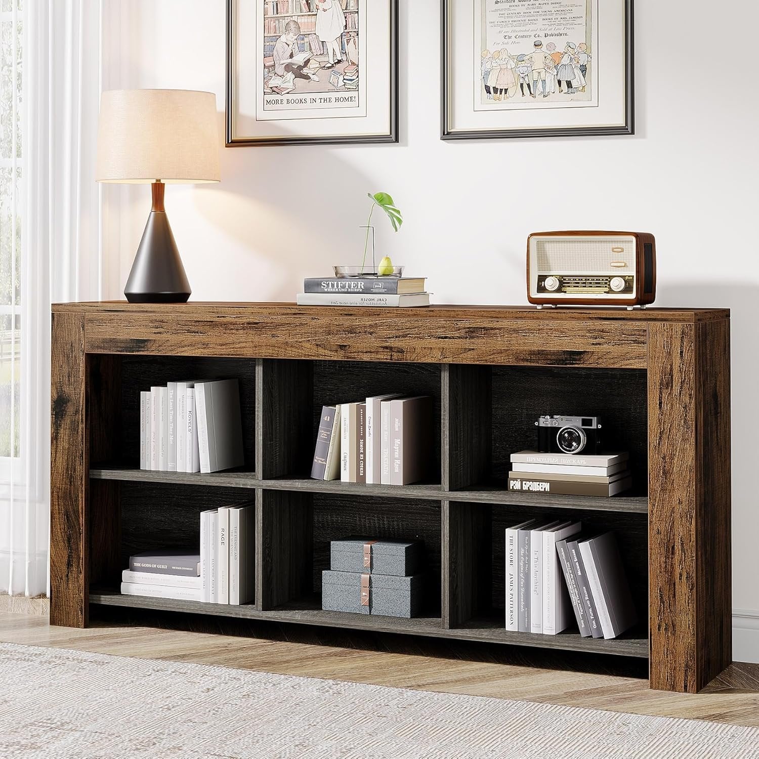 160 cm Industrielles 6-Fach Regal mit rustikalem Holzfinish, Breites Cubby Bücherregal im Landhausstil