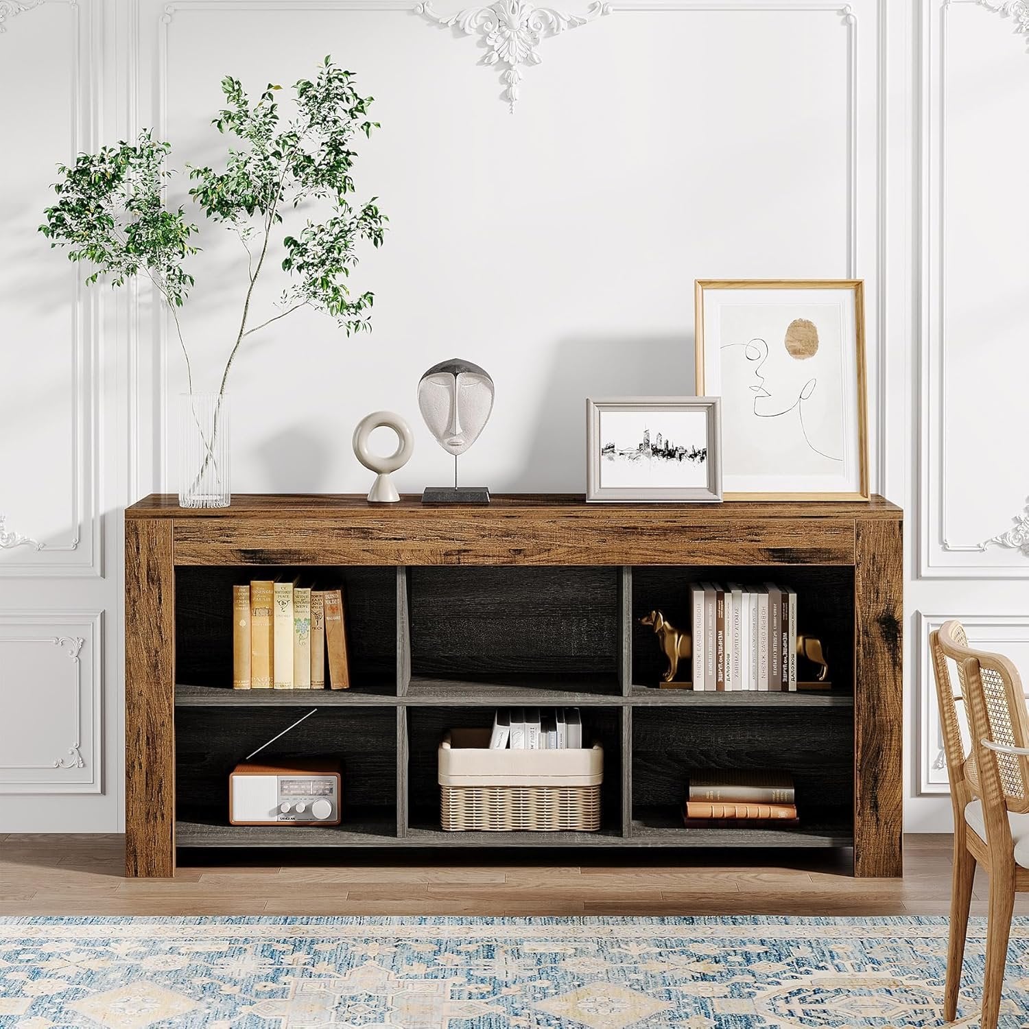160 cm Industrielles 6-Fach Regal mit rustikalem Holzfinish, Breites Cubby Bücherregal im Landhausstil