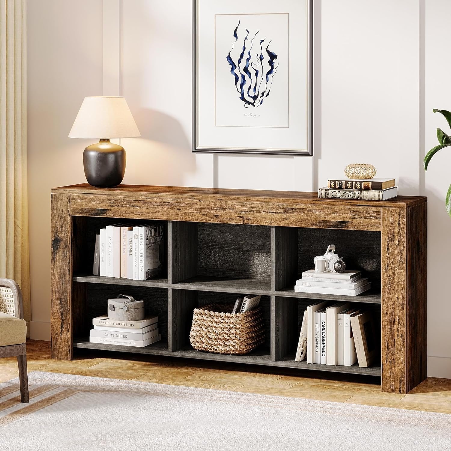 160 cm Industrielles 6-Fach Regal mit rustikalem Holzfinish, Breites Cubby Bücherregal im Landhausstil