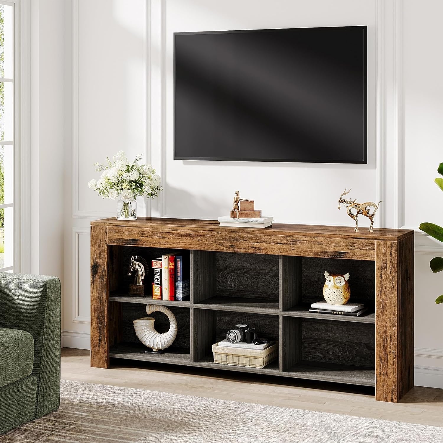 160 cm Industrielles 6-Fach Regal mit rustikalem Holzfinish, Breites Cubby Bücherregal im Landhausstil