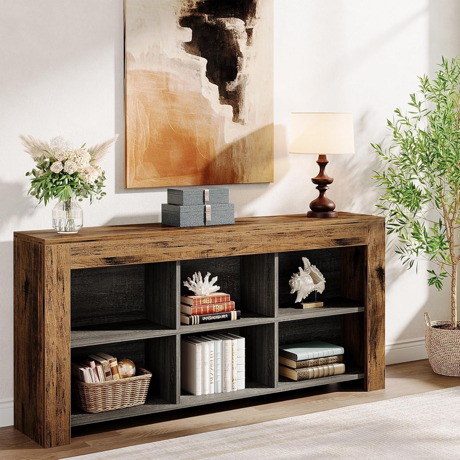 160 cm Industrielles 6-Fach Regal mit rustikalem Holzfinish, Breites Cubby Bücherregal im Landhausstil