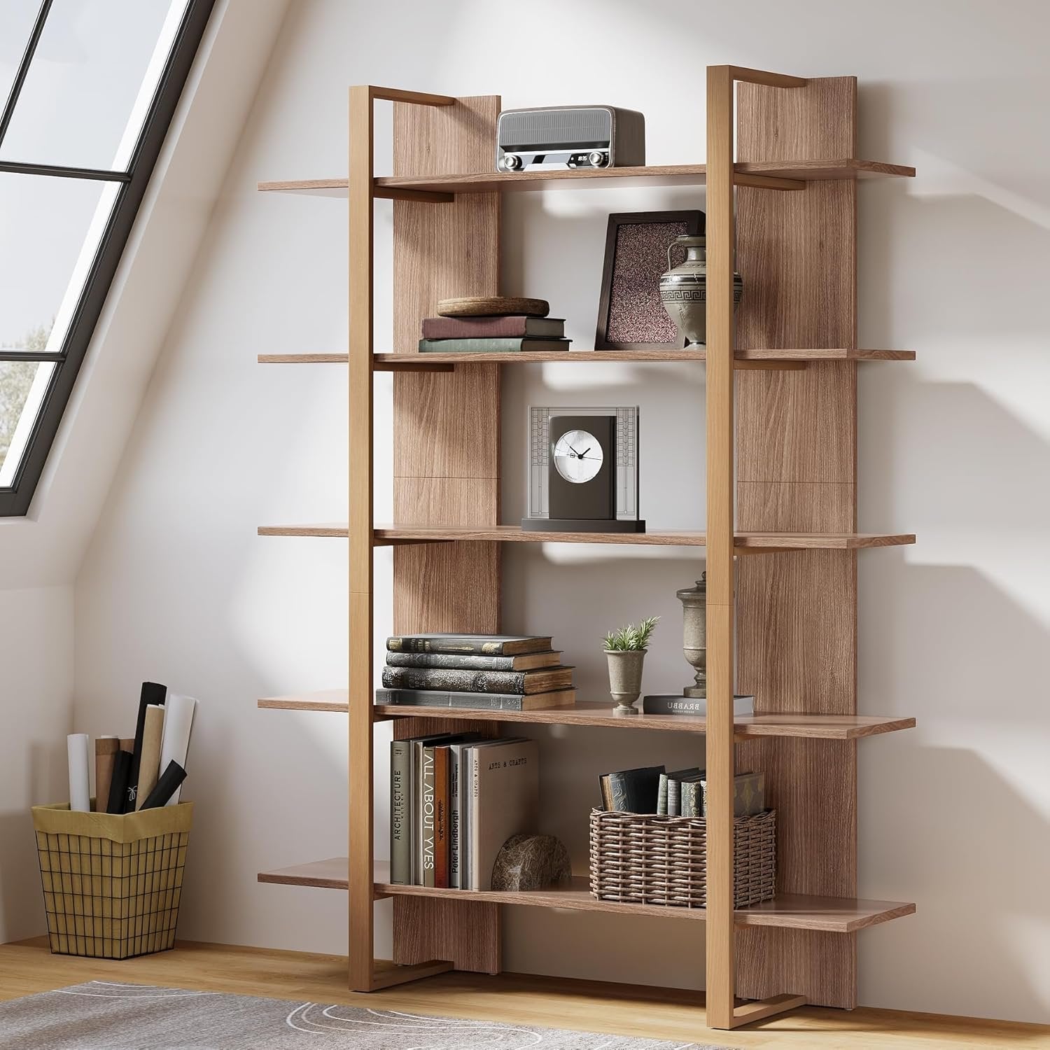 120 cm 5-stöckiges Bücherregal Retro Braun aus Metall & Holz