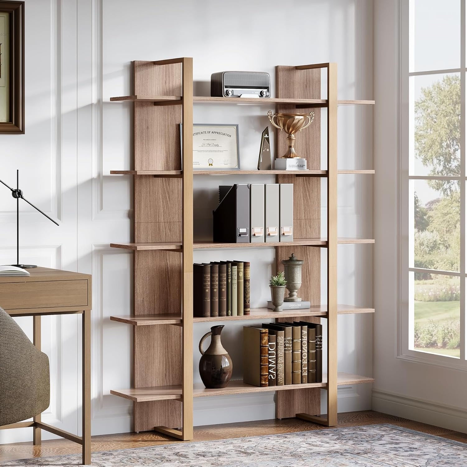 120 cm 5-stöckiges Bücherregal Retro Braun aus Metall & Holz