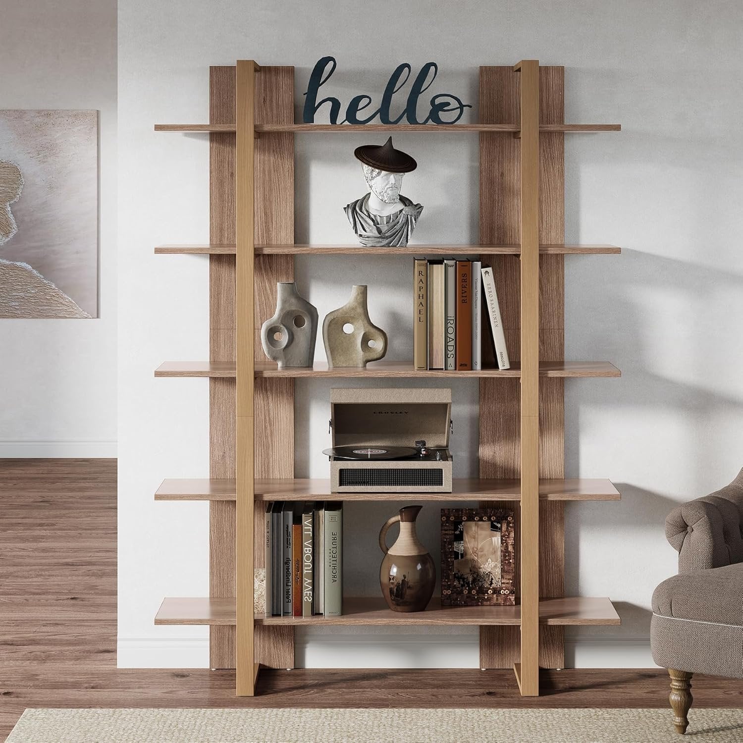 120 cm 5-stöckiges Bücherregal Retro Braun aus Metall & Holz