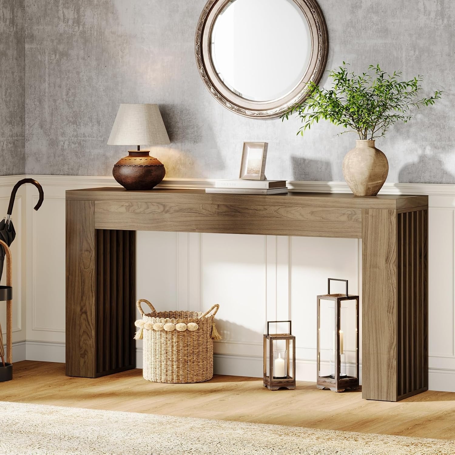 150 cm Farmhouse Konsoletisch mit Lamellenbeinen - Rustikaler Sofatisch in Braun