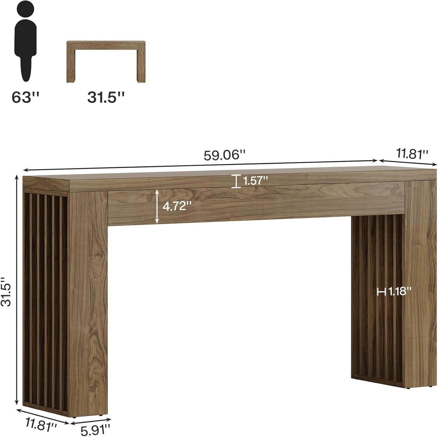150 cm Farmhouse Konsoletisch mit Lamellenbeinen - Rustikaler Sofatisch in Braun