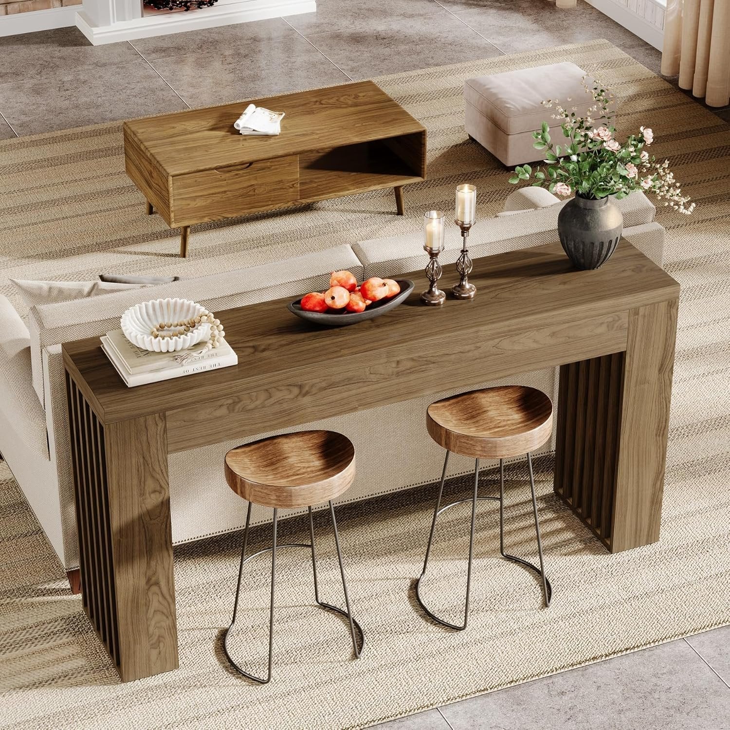 150 cm Farmhouse Konsoletisch mit Lamellenbeinen - Rustikaler Sofatisch in Braun
