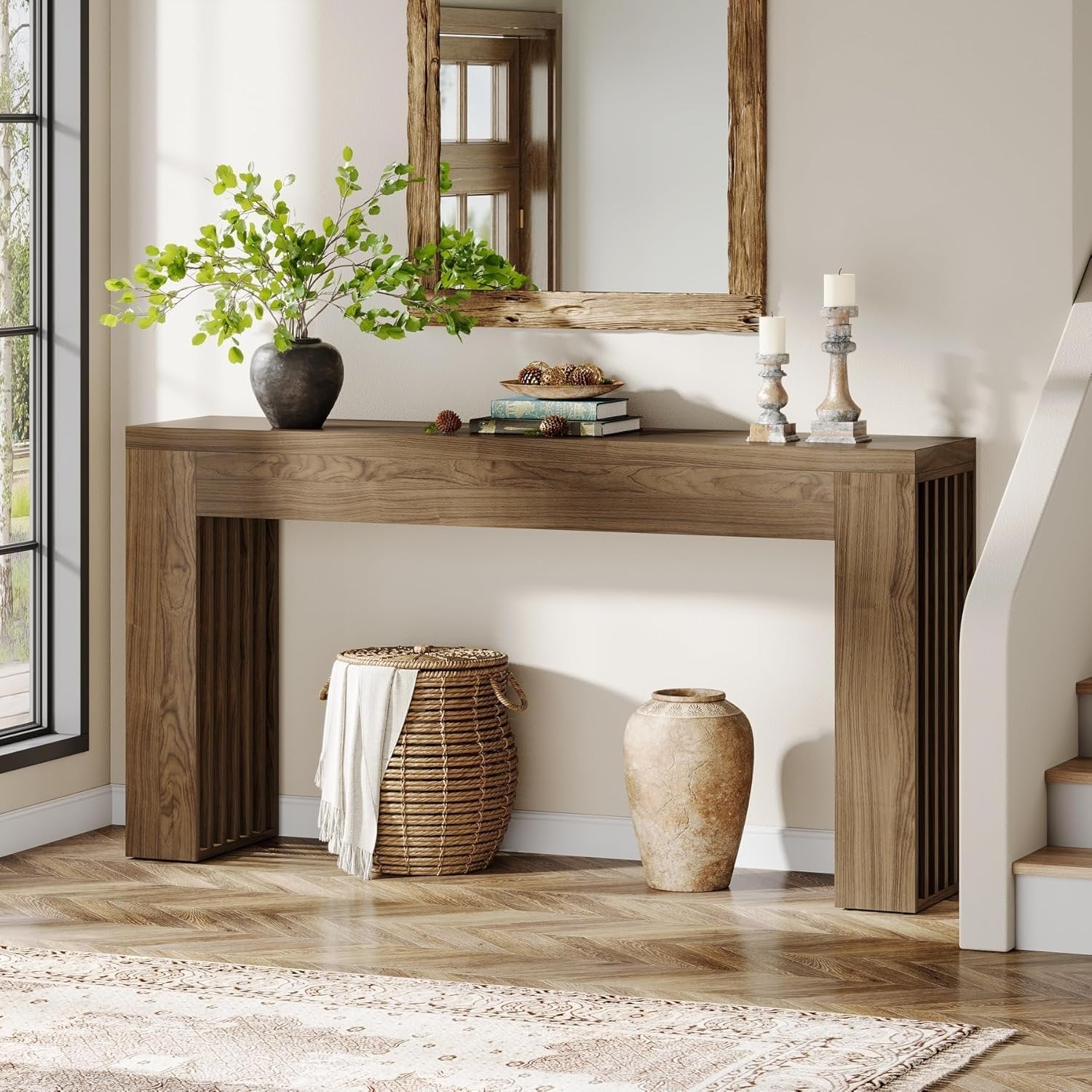 150 cm Farmhouse Konsoletisch mit Lamellenbeinen - Rustikaler Sofatisch in Braun
