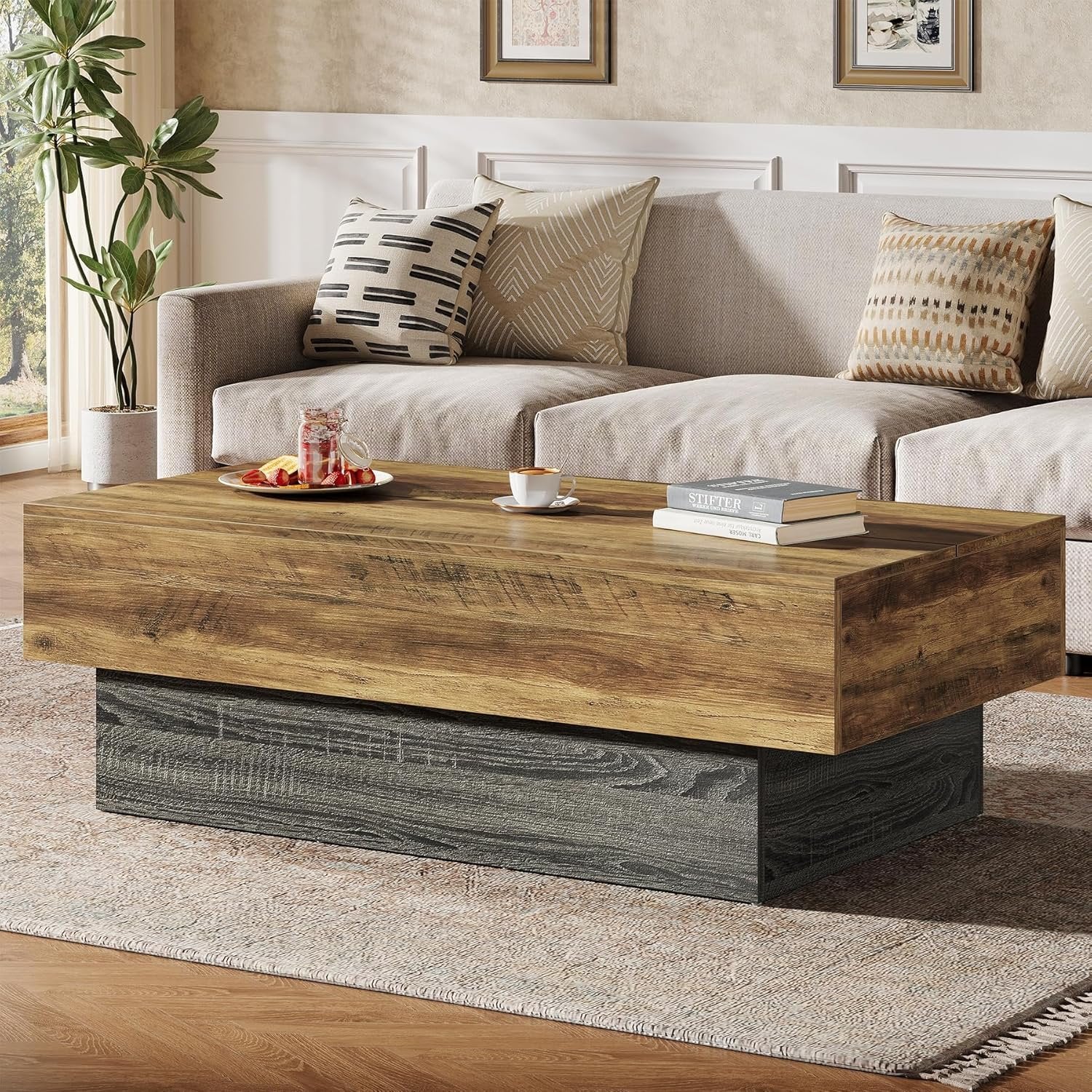 140 cm Rechteckiger Couchtisch aus Holz, Großer Wohnzimmertisch mit Grauem Metallgestell