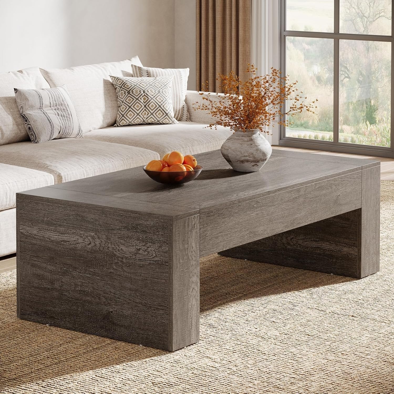 130 cm Table basse rectangulaire de ferme - Table d'appoint taupe rustique avec base robuste