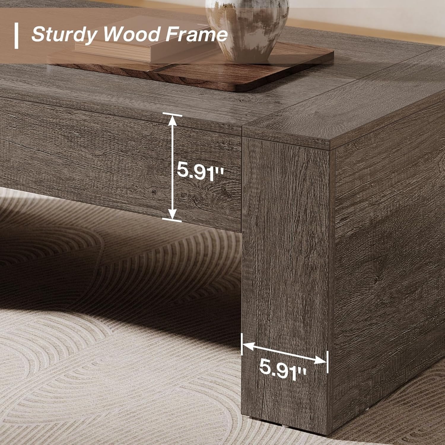 130 cm Table basse rectangulaire de ferme - Table d'appoint taupe rustique avec base robuste
