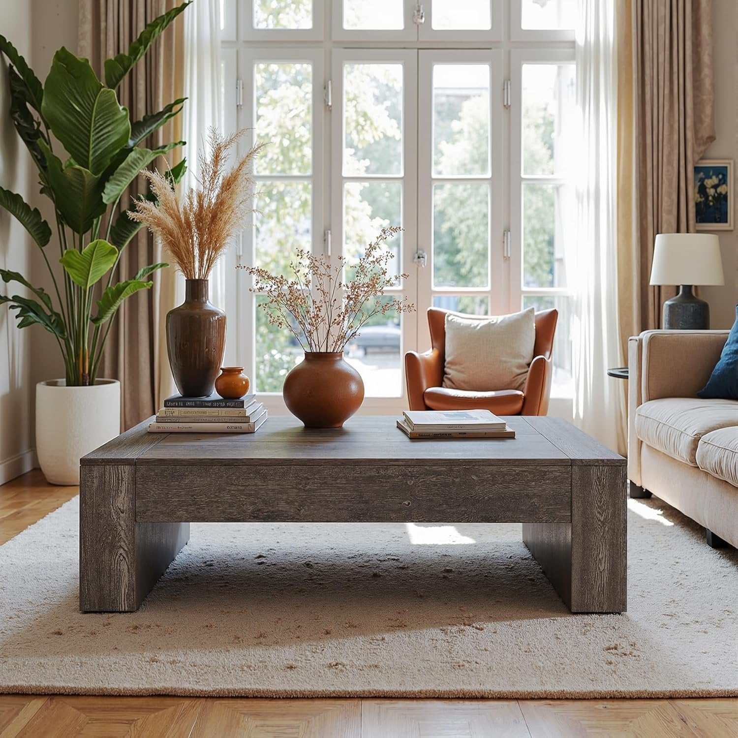 130 cm Table basse rectangulaire de ferme - Table d'appoint taupe rustique avec base robuste