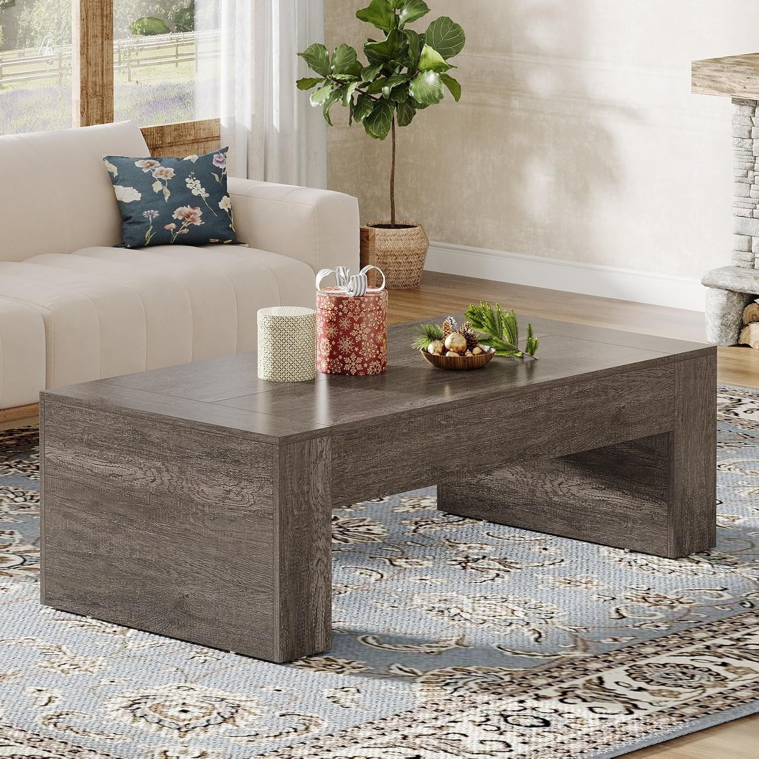 130 cm Table basse rectangulaire de ferme - Table d'appoint taupe rustique avec base robuste