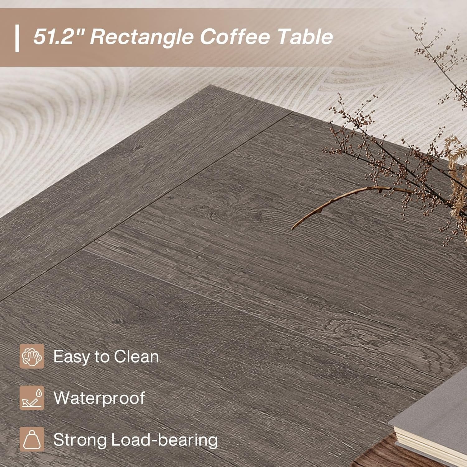 130 cm Table basse rectangulaire de ferme - Table d'appoint taupe rustique avec base robuste