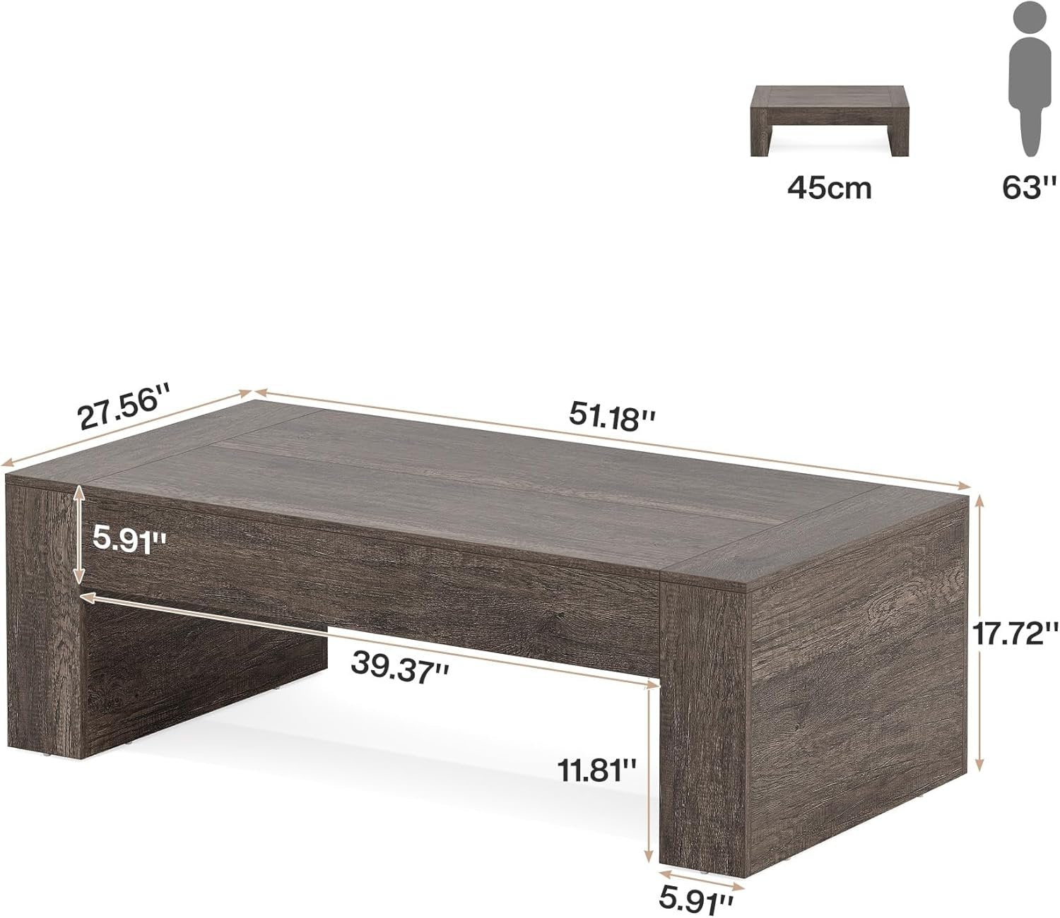 130 cm Table basse rectangulaire de ferme - Table d'appoint taupe rustique avec base robuste