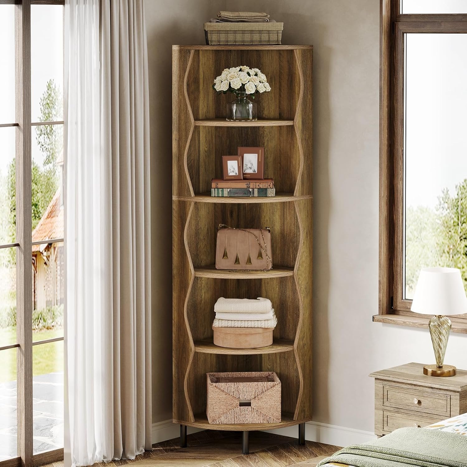 Tribesigns 5-stöckiges Eckregal 182 cm hohes Eckbücherregal, Stilvolles Bücherregal aus Holz
