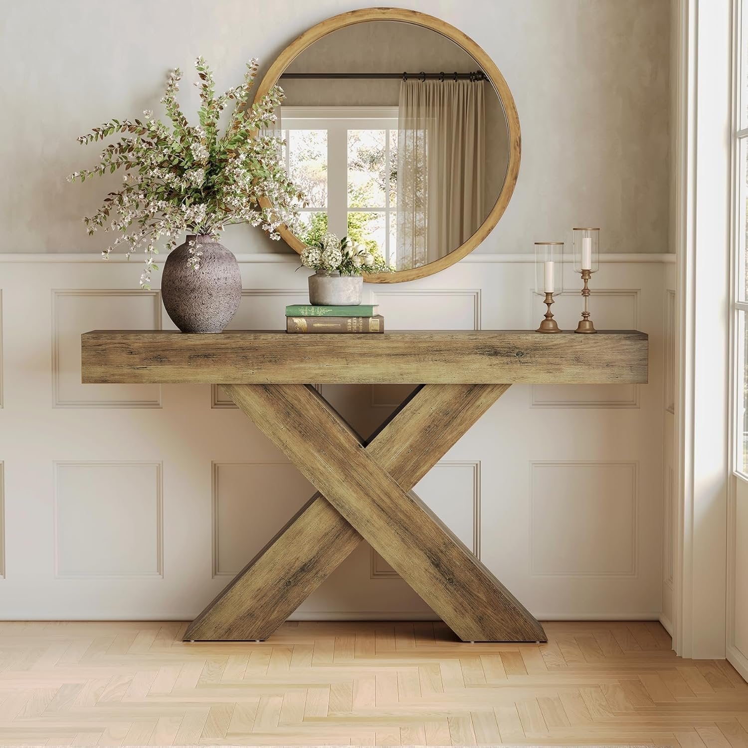 140 cm Industrielle X-Konsole - Schmaler Couchtisch in Rustikal Braun für Flur & Wohnzimmer