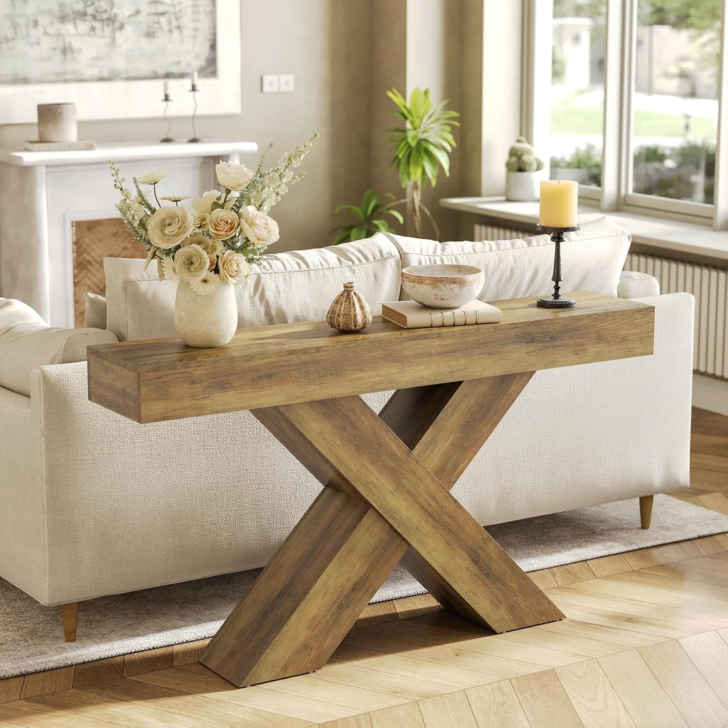 140 cm Industrielle X-Konsole - Schmaler Couchtisch in Rustikal Braun für Flur & Wohnzimmer