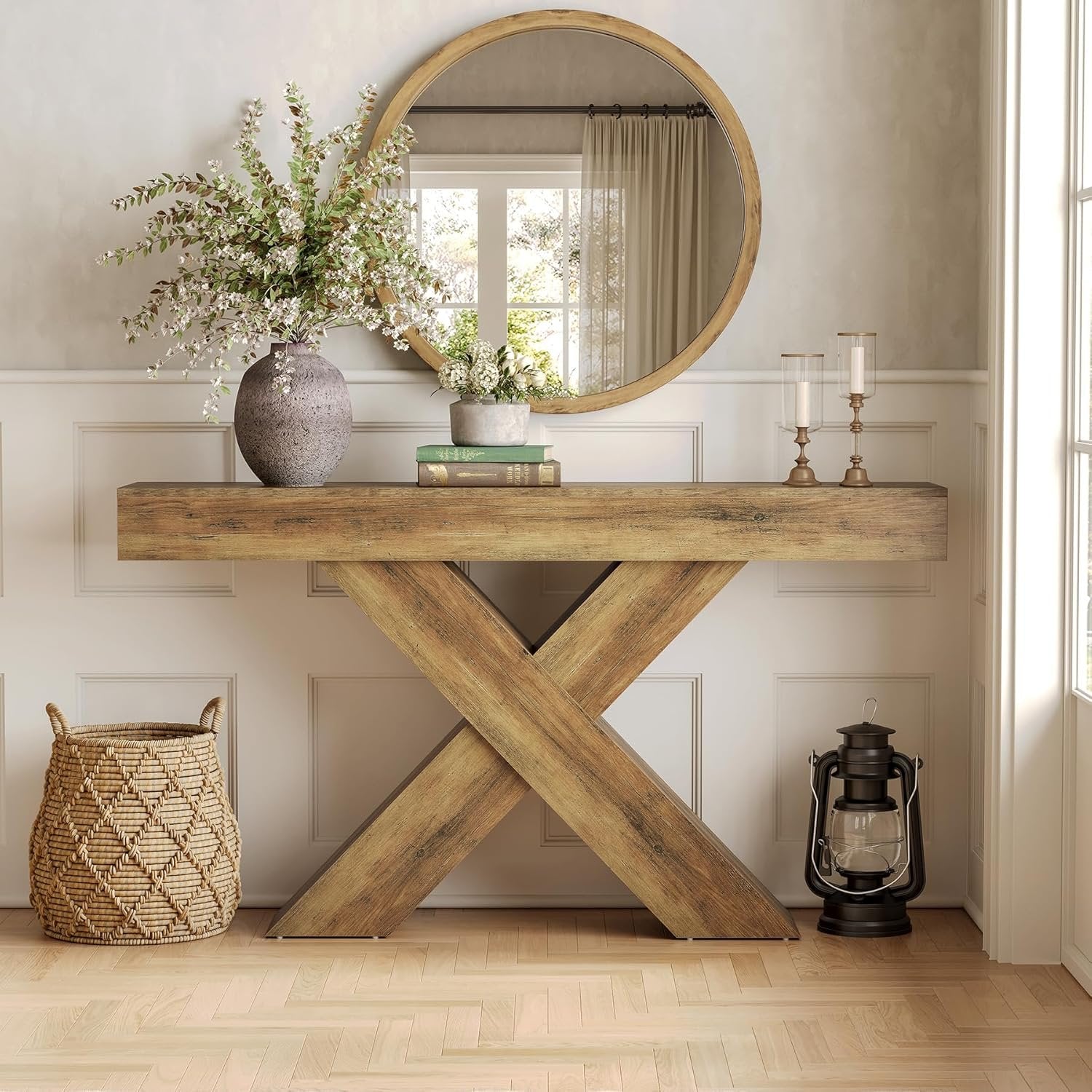 140 cm Industrielle X-Konsole - Schmaler Couchtisch in Rustikal Braun für Flur & Wohnzimmer