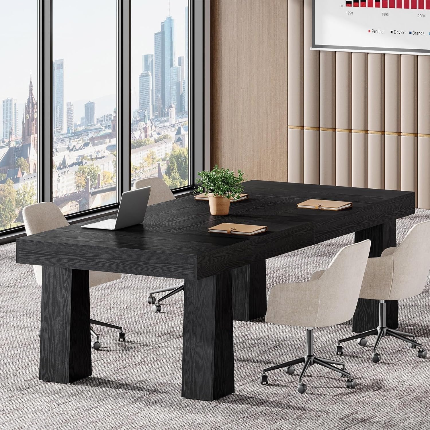 160 cm Konferenztisch, Moderner Industriestil Meetingtisch mit 4 verjüngten Beinen in Schwarz
