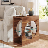 140 cm Moderner 3-Etagen Nachttisch mit Glasregal & Holzgestell für kleine Räume (Braun) 3