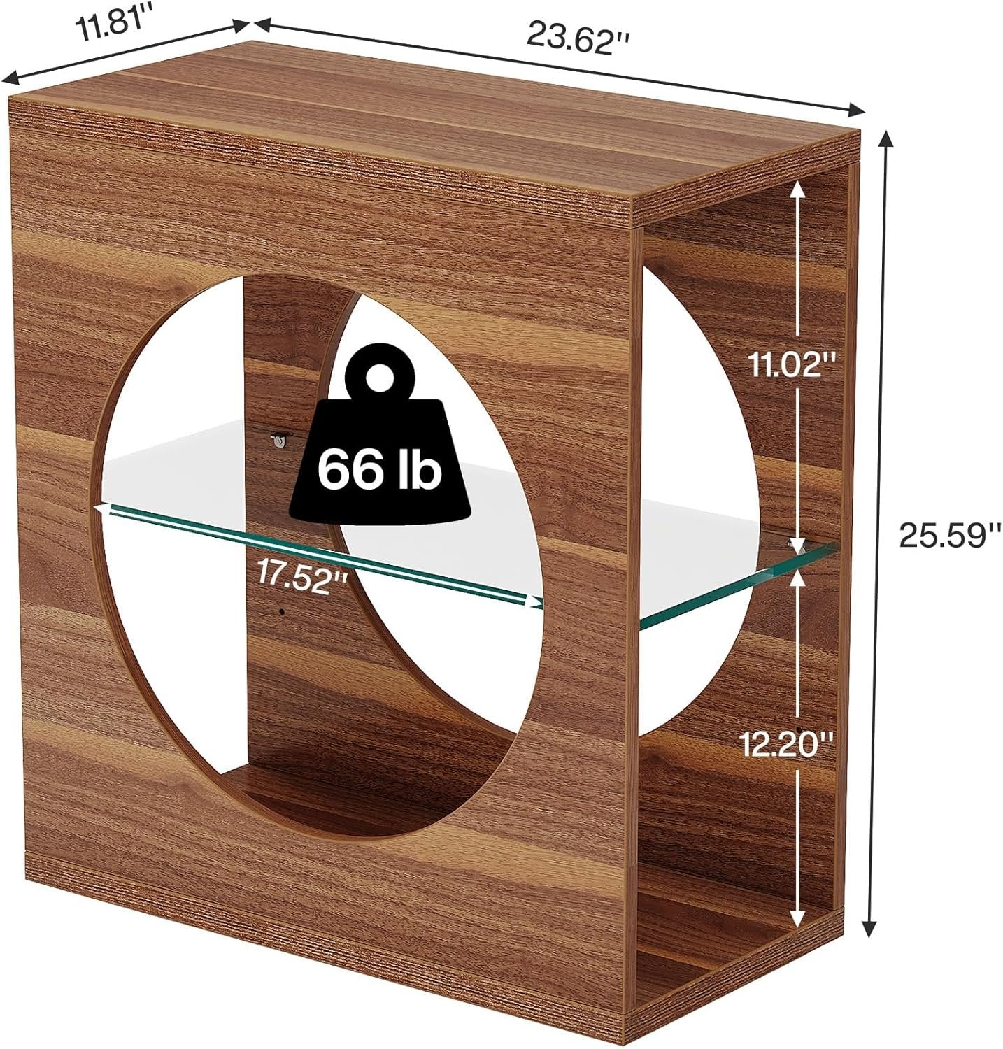 140 cm Moderner 3-Etagen Nachttisch mit Glasregal & Holzgestell für kleine Räume (Braun)
