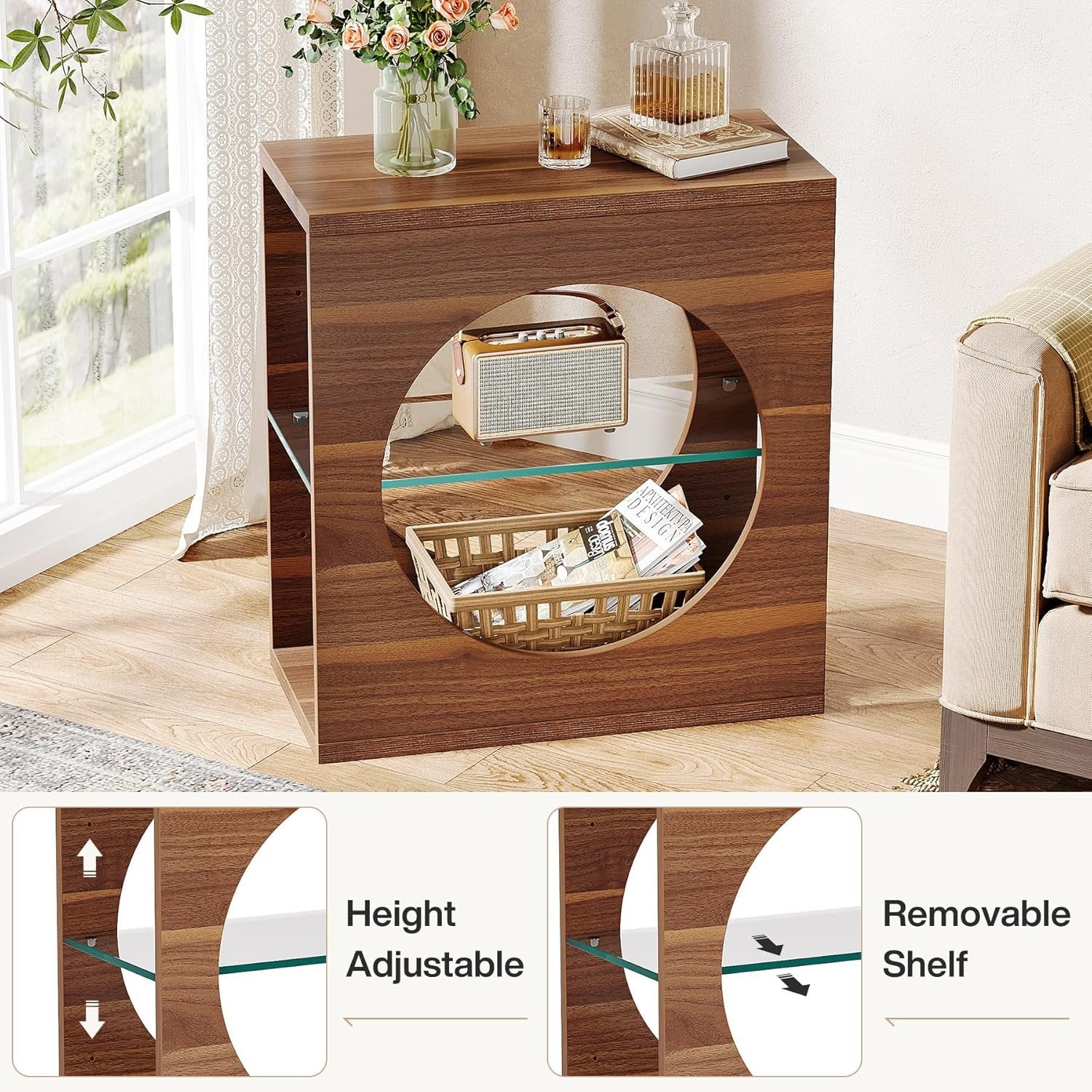 140 cm Moderner 3-Etagen Nachttisch mit Glasregal & Holzgestell für kleine Räume (Braun)
