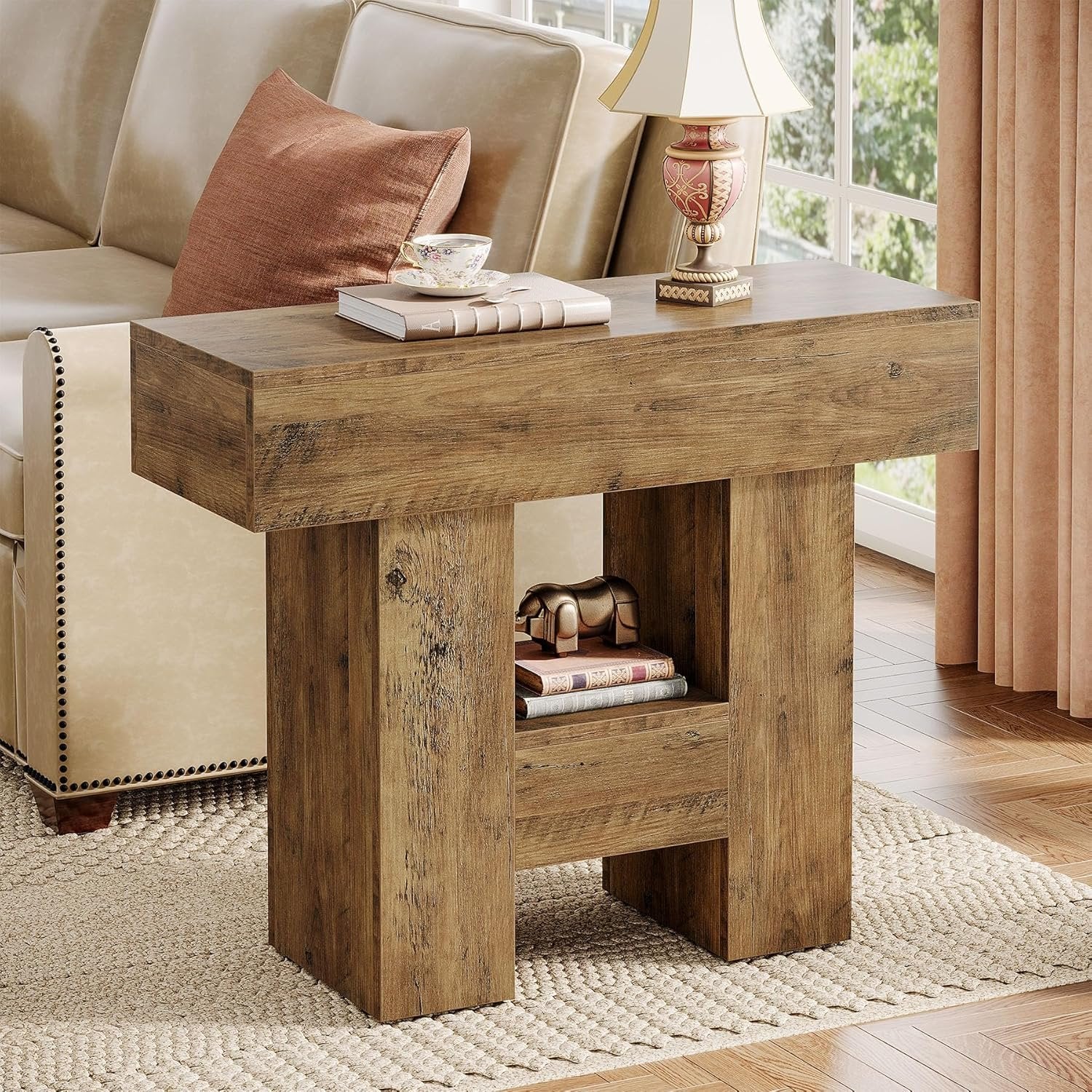 65 cm Schmaler Beistelltisch mit 2 Ebenen, rustikaler Couchtisch & Nachttisch aus Holz für Wohnzimmer
