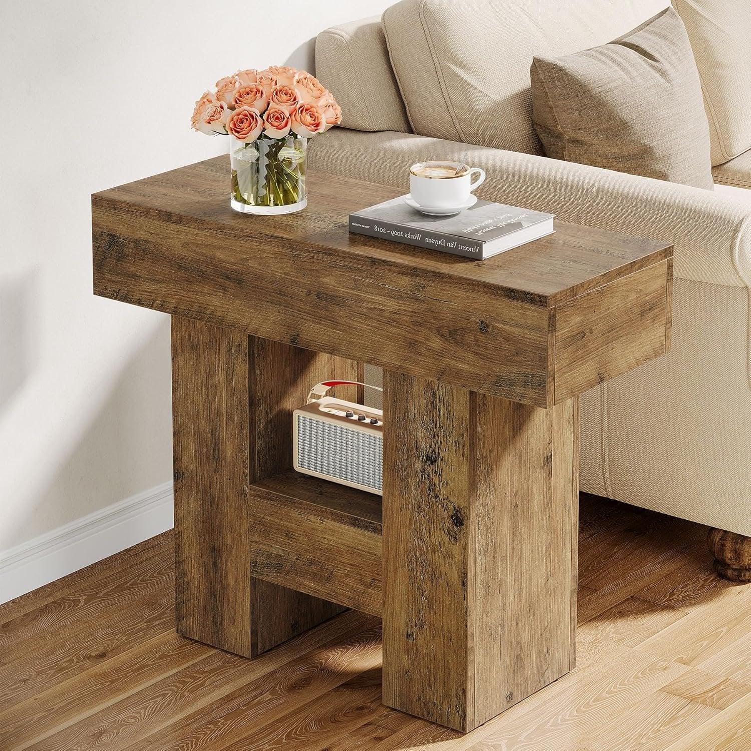 65 cm Schmaler Beistelltisch mit 2 Ebenen, rustikaler Couchtisch & Nachttisch aus Holz für Wohnzimmer