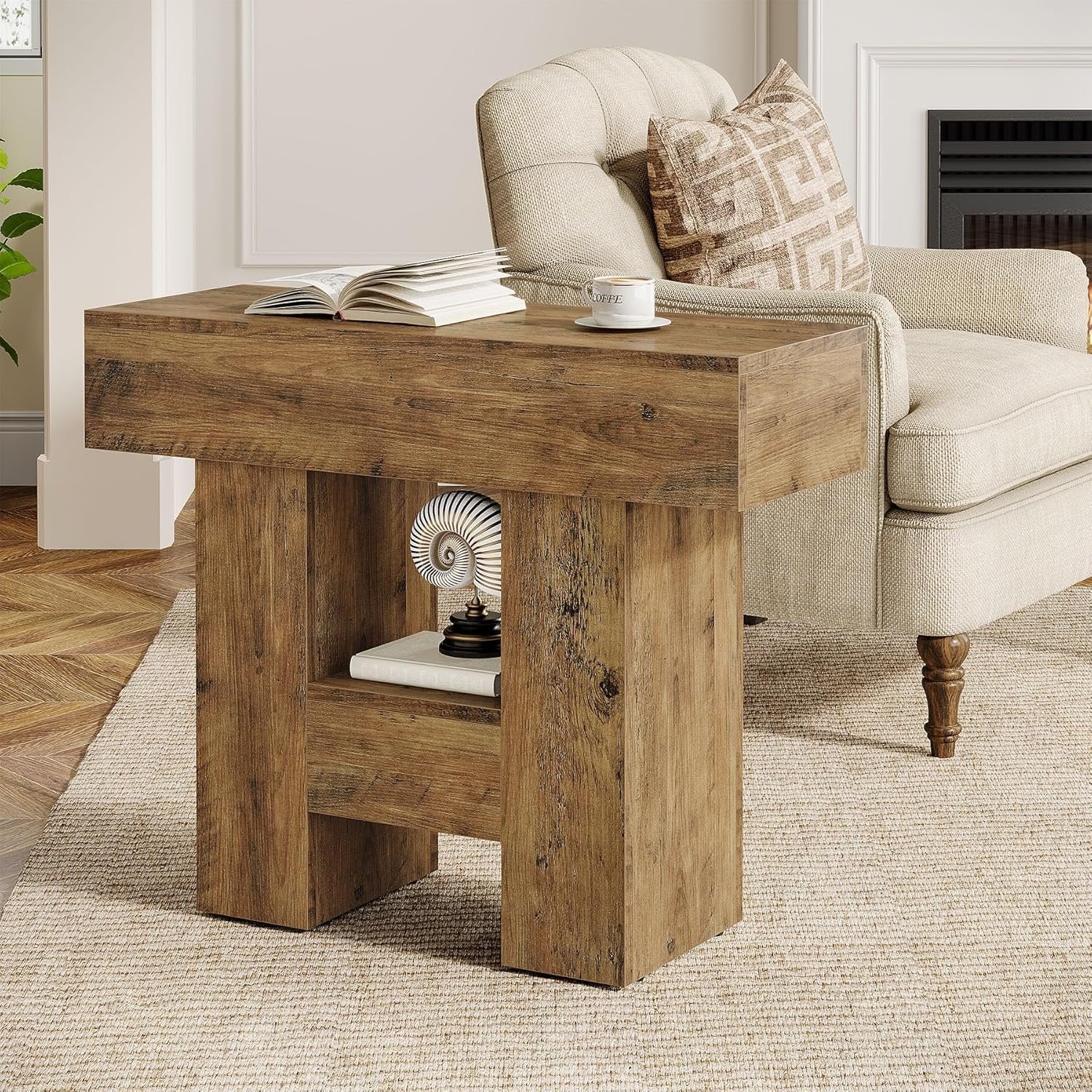 65 cm Schmaler Beistelltisch mit 2 Ebenen, rustikaler Couchtisch & Nachttisch aus Holz für Wohnzimmer
