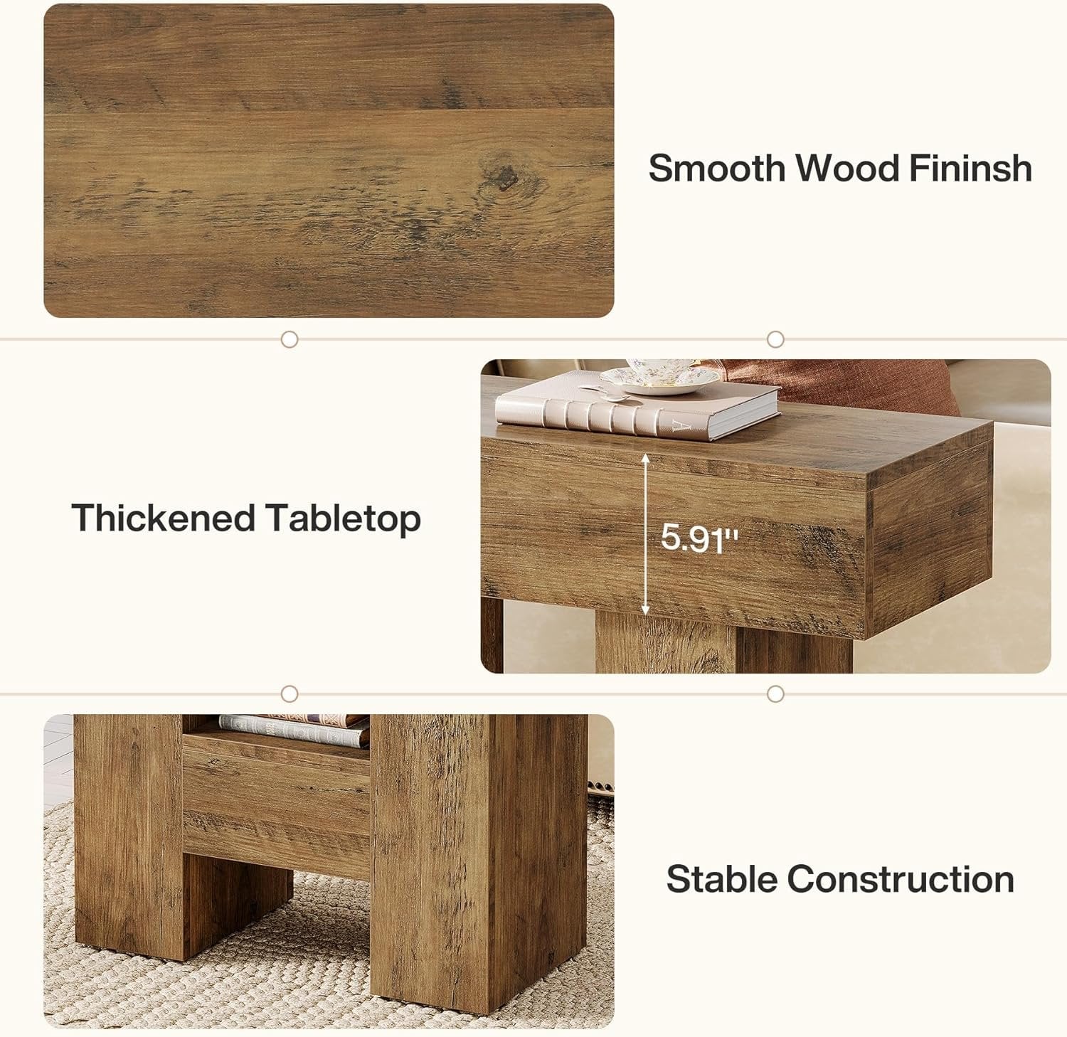 65 cm Schmaler Beistelltisch mit 2 Ebenen, rustikaler Couchtisch & Nachttisch aus Holz für Wohnzimmer