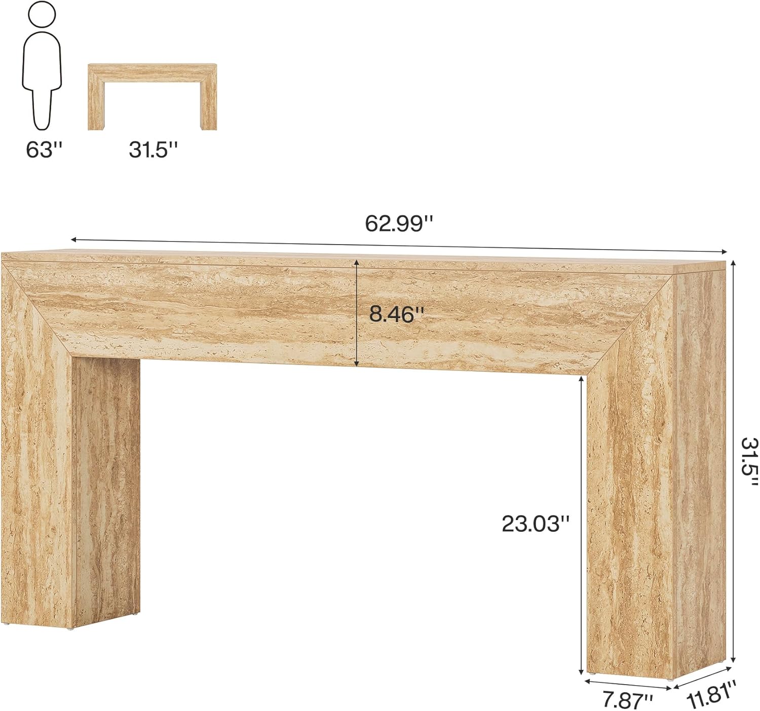160cm Couchtisch mit Travertin-Optik – Schmale Konsole für Diele & Wohnzimmer mit Stabilem Gestell