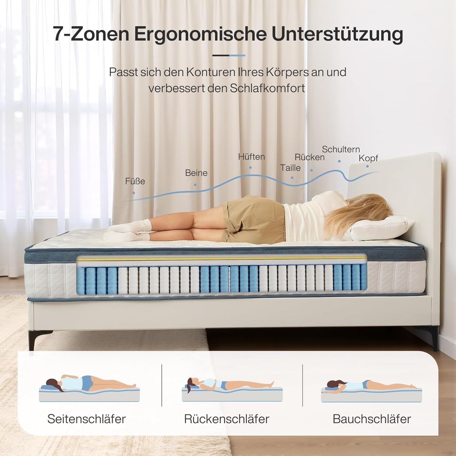 90 x 200 cm Matratze - 25 cm H3 Taschenfederkern mit 7-Zonen & Gel-Memory-Schaum