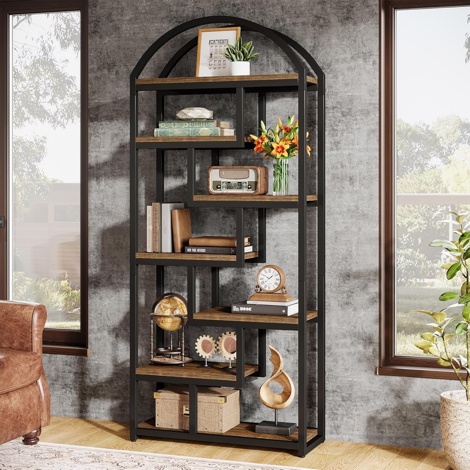 180 cm Industriestil Bücherregal, 7-stöckiges Freistellregal mit Metallrahmen für Homeoffice und Wohnzimmer in Braun