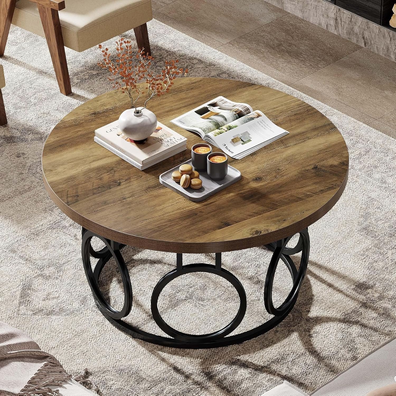 Runder Couchtisch 80 cm, Wohnzimmertisch aus Holz mit Metallfuß