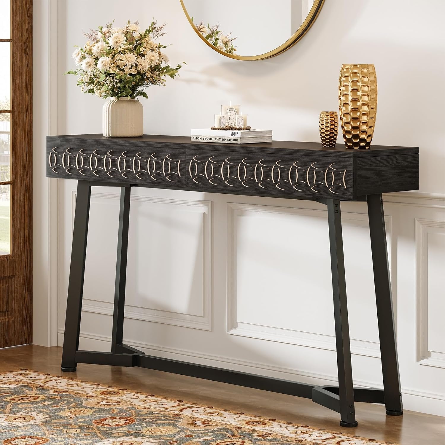 140 cm Moderne Konsole mit 2 Schubladen - Schmaler Couchtisch in Schwarz für Flur & Wohnzimmer