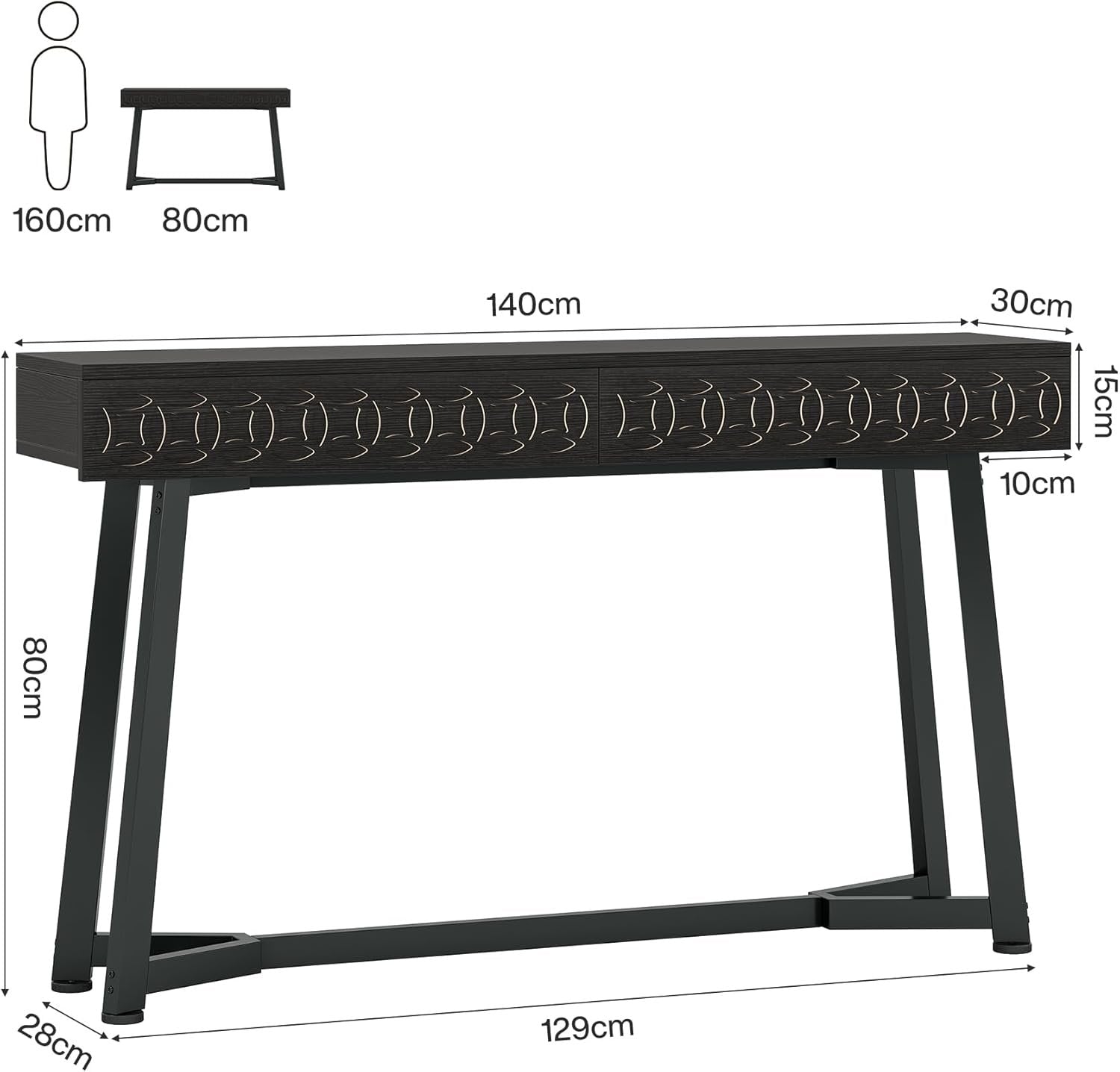 140 cm Moderne Konsole mit 2 Schubladen - Schmaler Couchtisch in Schwarz für Flur & Wohnzimmer