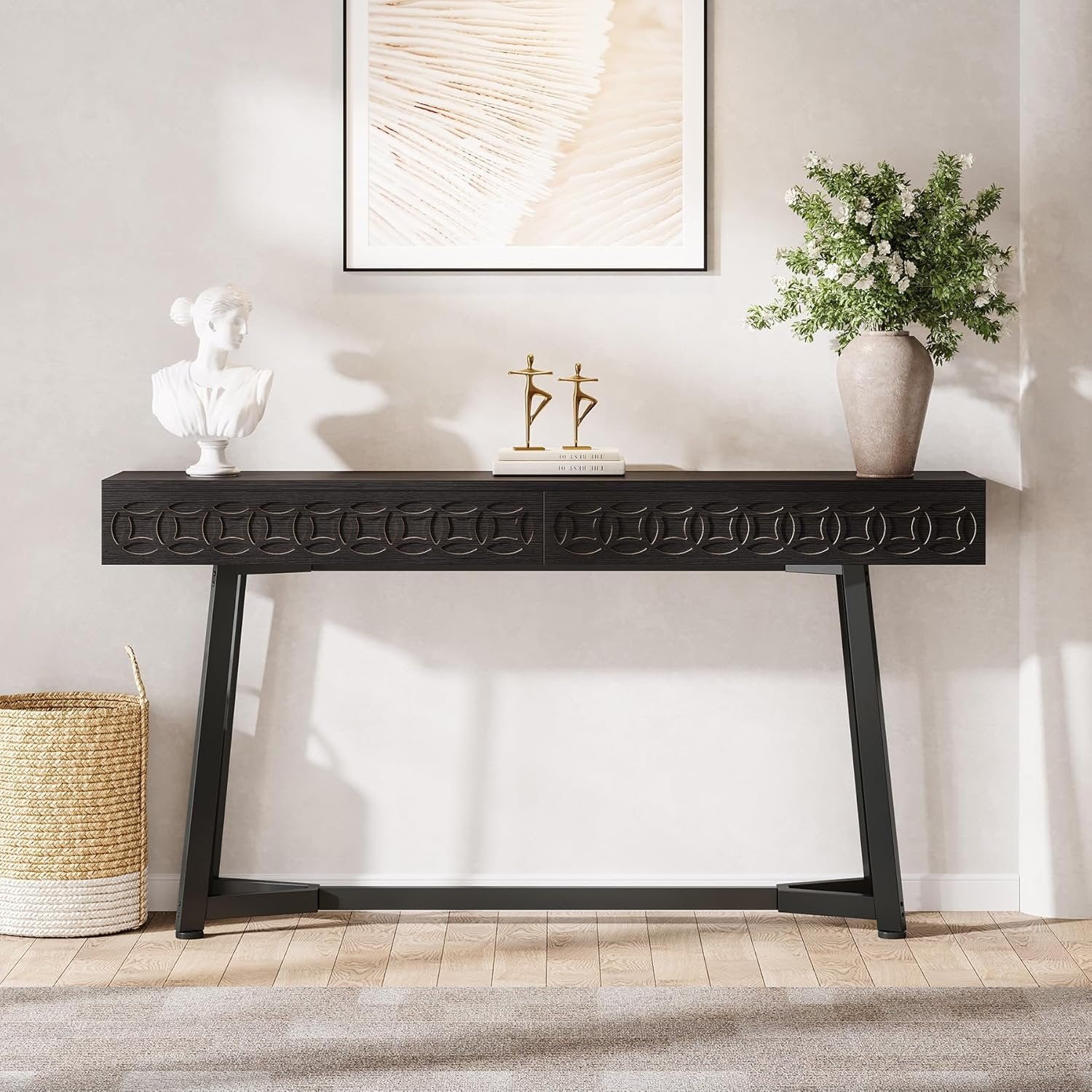 140 cm Moderne Konsole mit 2 Schubladen - Schmaler Couchtisch in Schwarz für Flur & Wohnzimmer