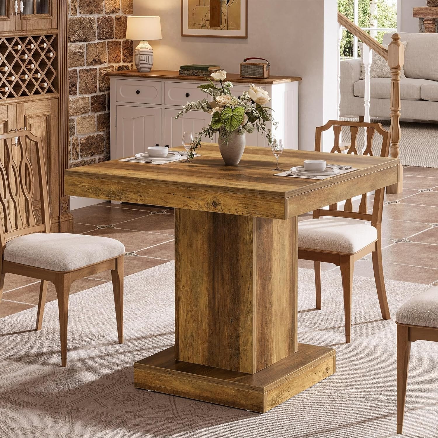 Quadratischer Esstisch für 4 Personen, Bauernhaus-Küchentisch aus Holz mit stabilem Sockel für Esszimmer & Zuhause