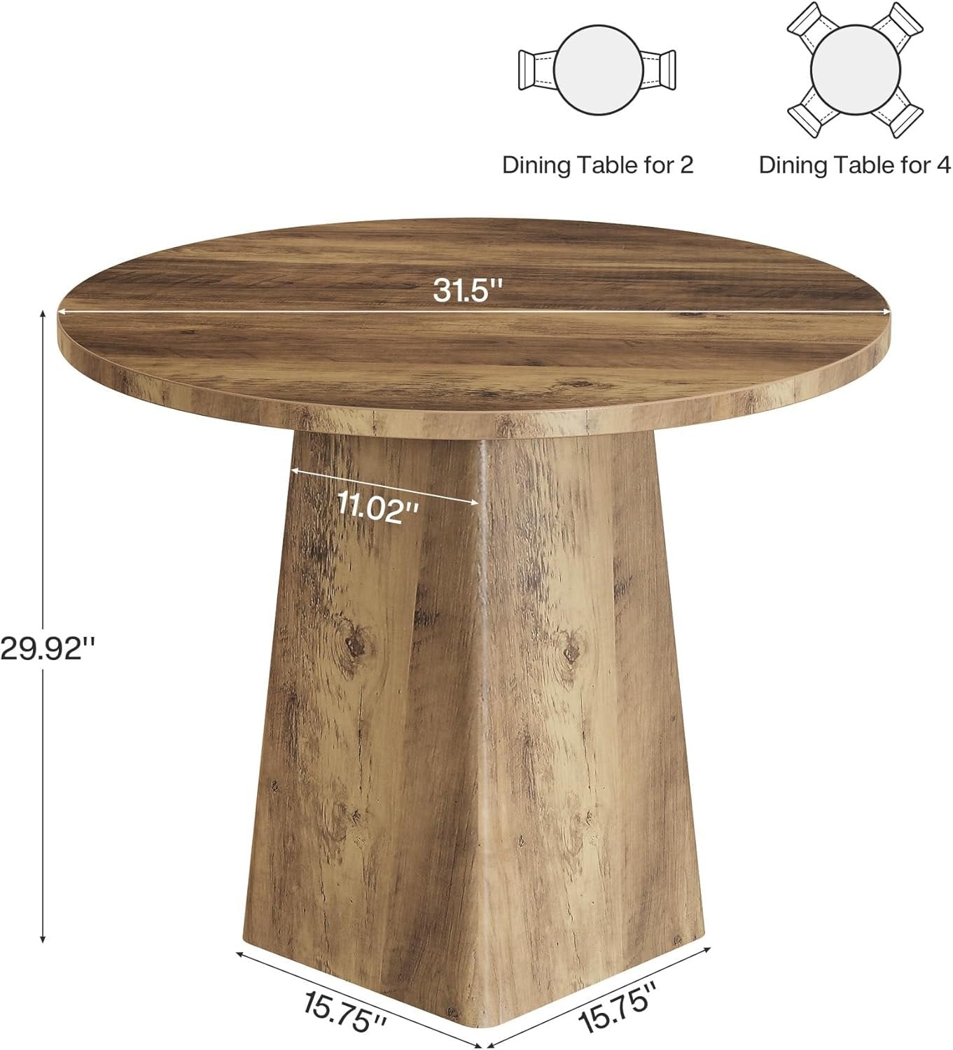 80 cm Runder Landhaus-Küchentisch mit quadratischer Basis - Rustikaler Esstisch für 2-4 Personen in Braun