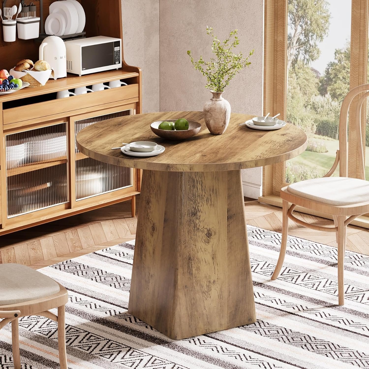 80 cm Runder Landhaus-Küchentisch mit quadratischer Basis - Rustikaler Esstisch für 2-4 Personen in Braun