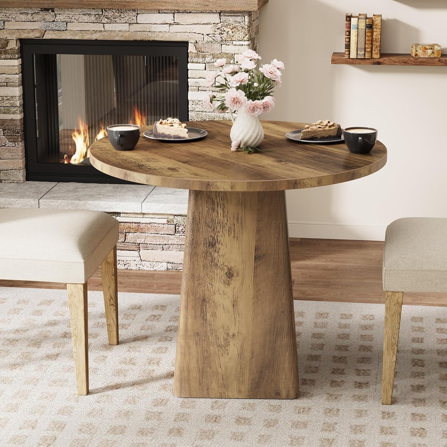 80 cm Runder Landhaus-Küchentisch mit quadratischer Basis - Rustikaler Esstisch für 2-4 Personen in Braun