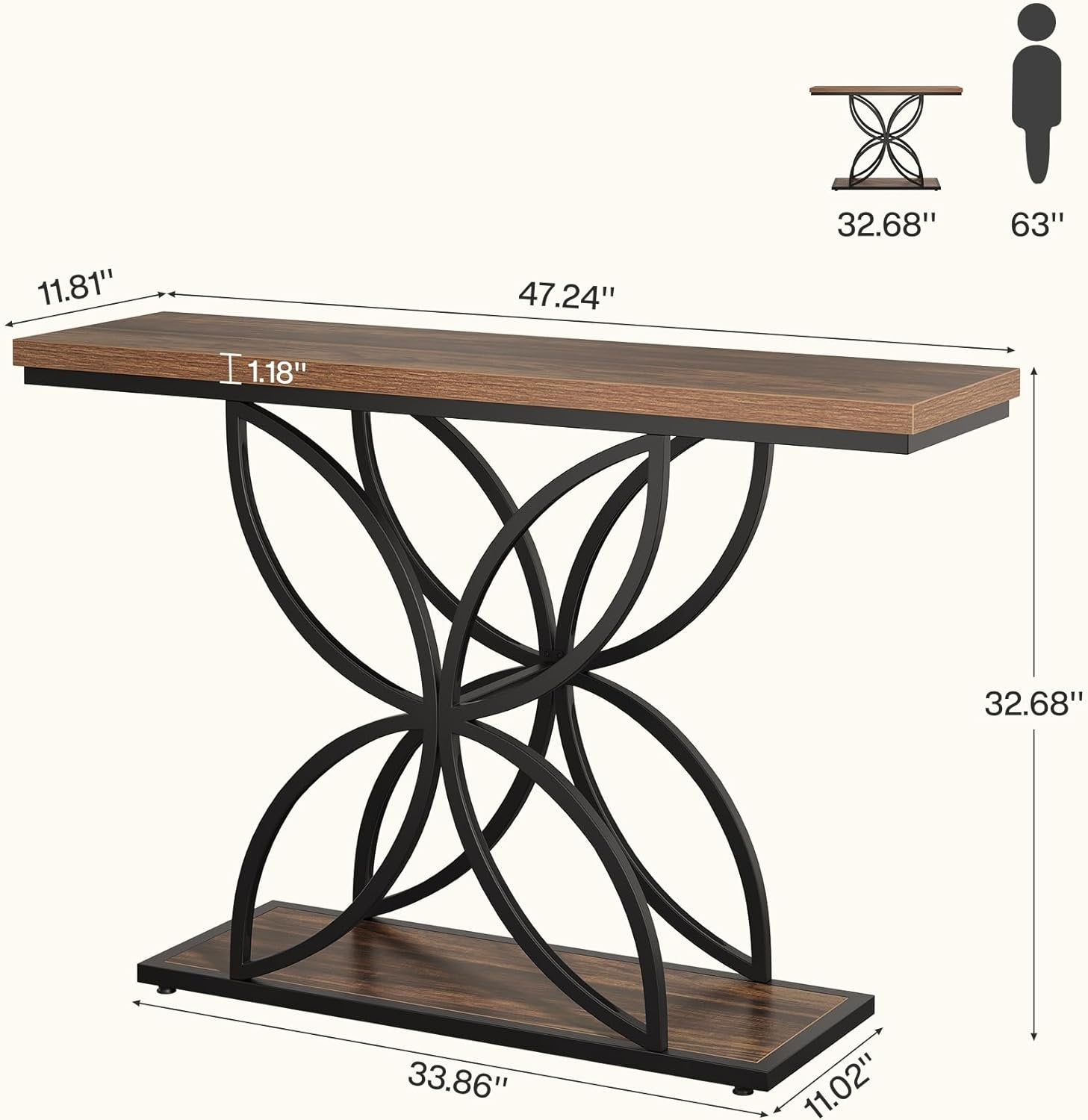 120 cm Industrielle Konsole - Schmetterlings-Metallbasis in Rustikal Braun & Schwarz