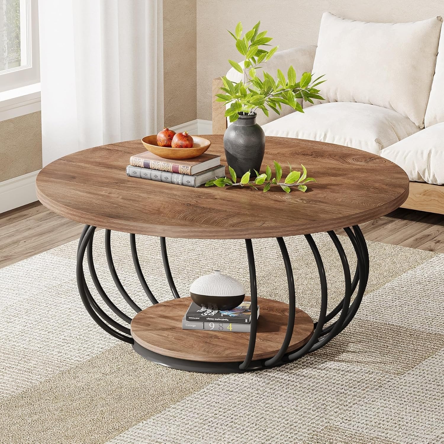 100 cm Industrieller Couchtisch - 2-stöckiger Rundtisch mit Metallgestell in Rustikal Braun & Schwarz