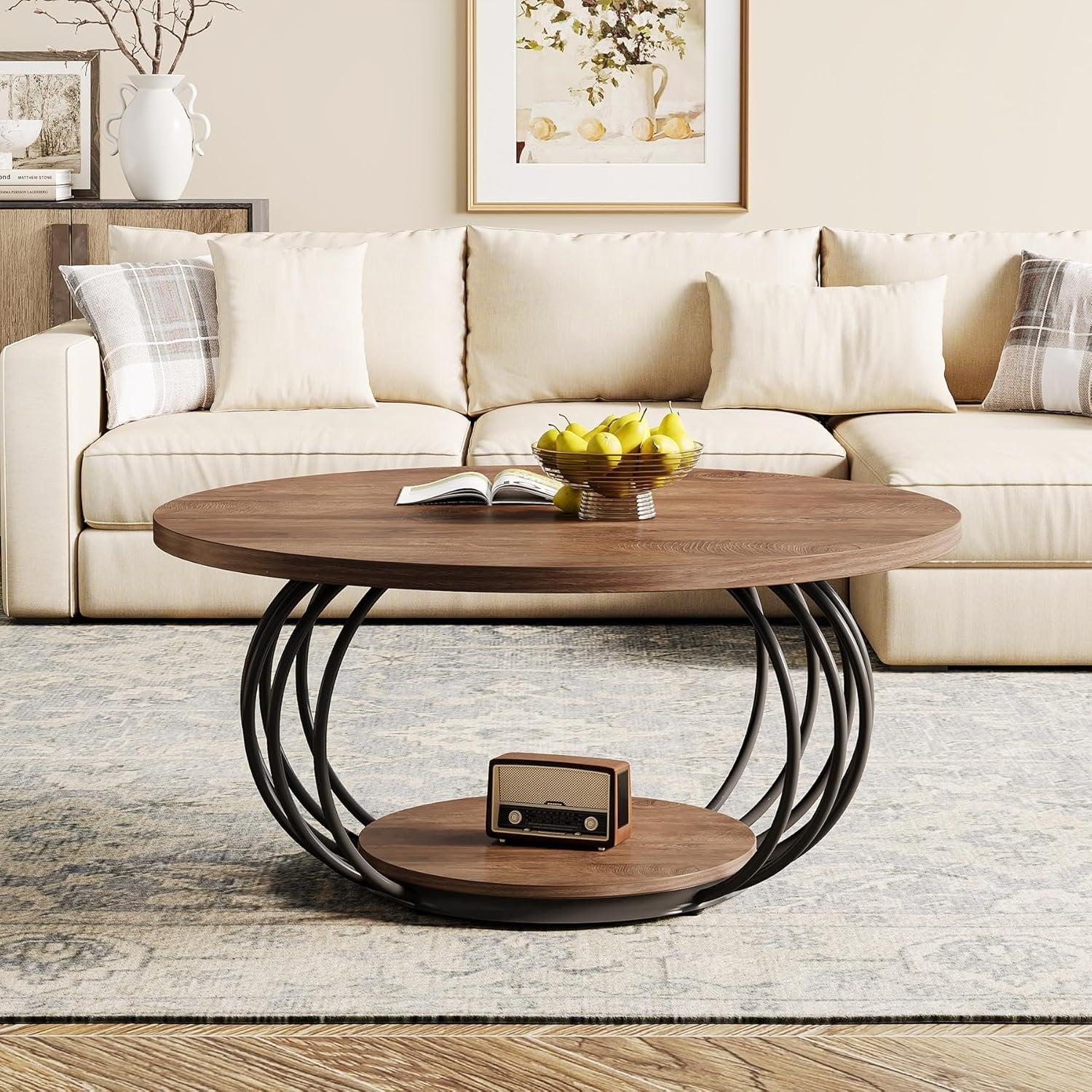 100 cm Industrieller Couchtisch - 2-stöckiger Rundtisch mit Metallgestell in Rustikal Braun & Schwarz
