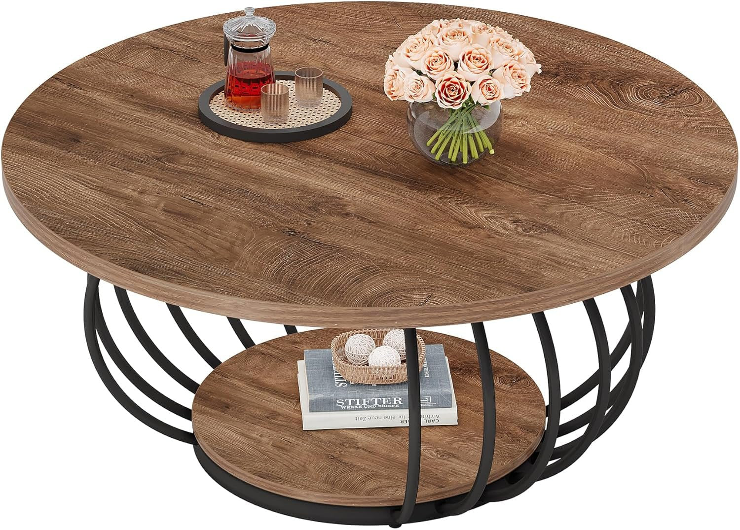 100 cm Industrieller Couchtisch - 2-stöckiger Rundtisch mit Metallgestell in Rustikal Braun & Schwarz