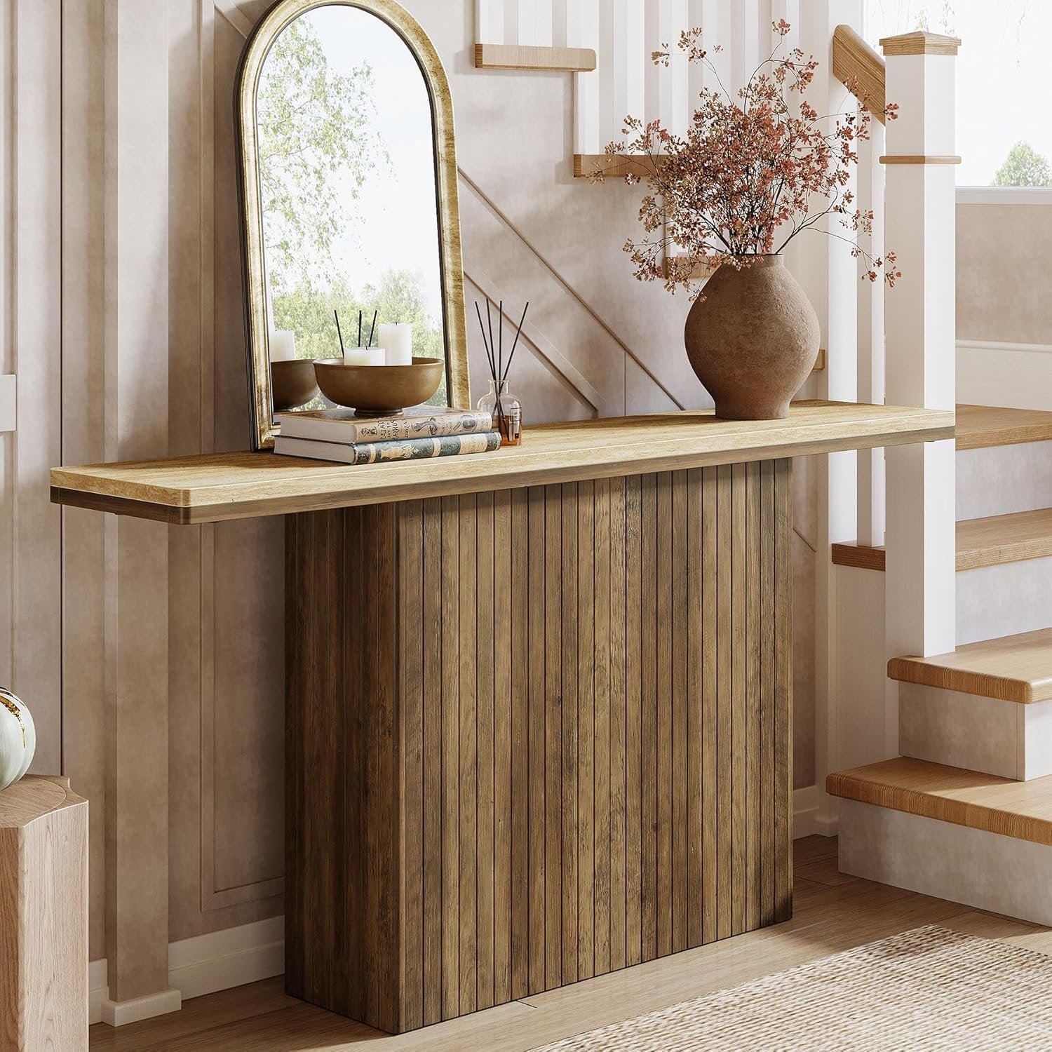 160 cm Landhaus-Konsole mit Rillendesign - Rustikal Braun & Naturfarben für Flur & Wohnzimmer