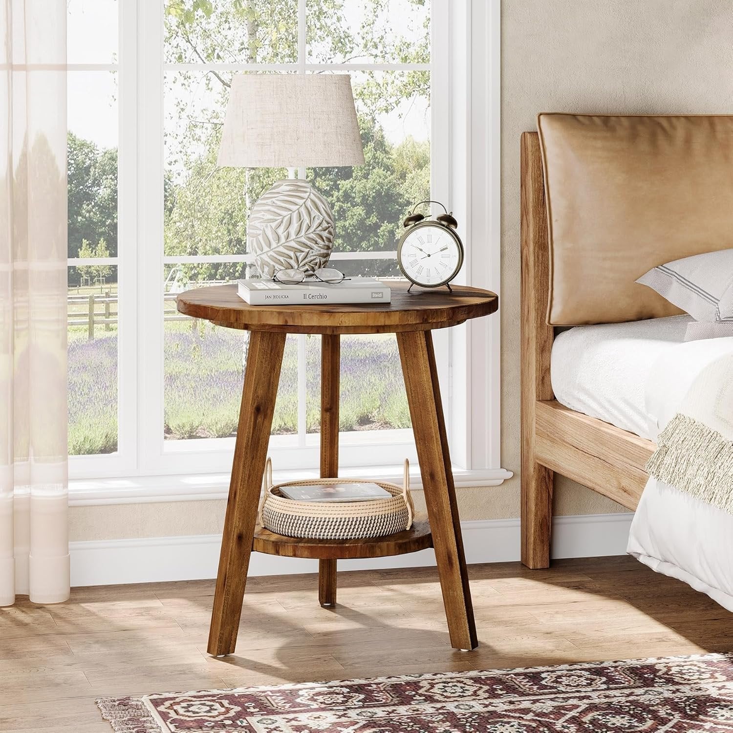 80 cm Massivholz-Beistelltisch - 2-stöckiger Landhaus-Nachtisch mit Ablage