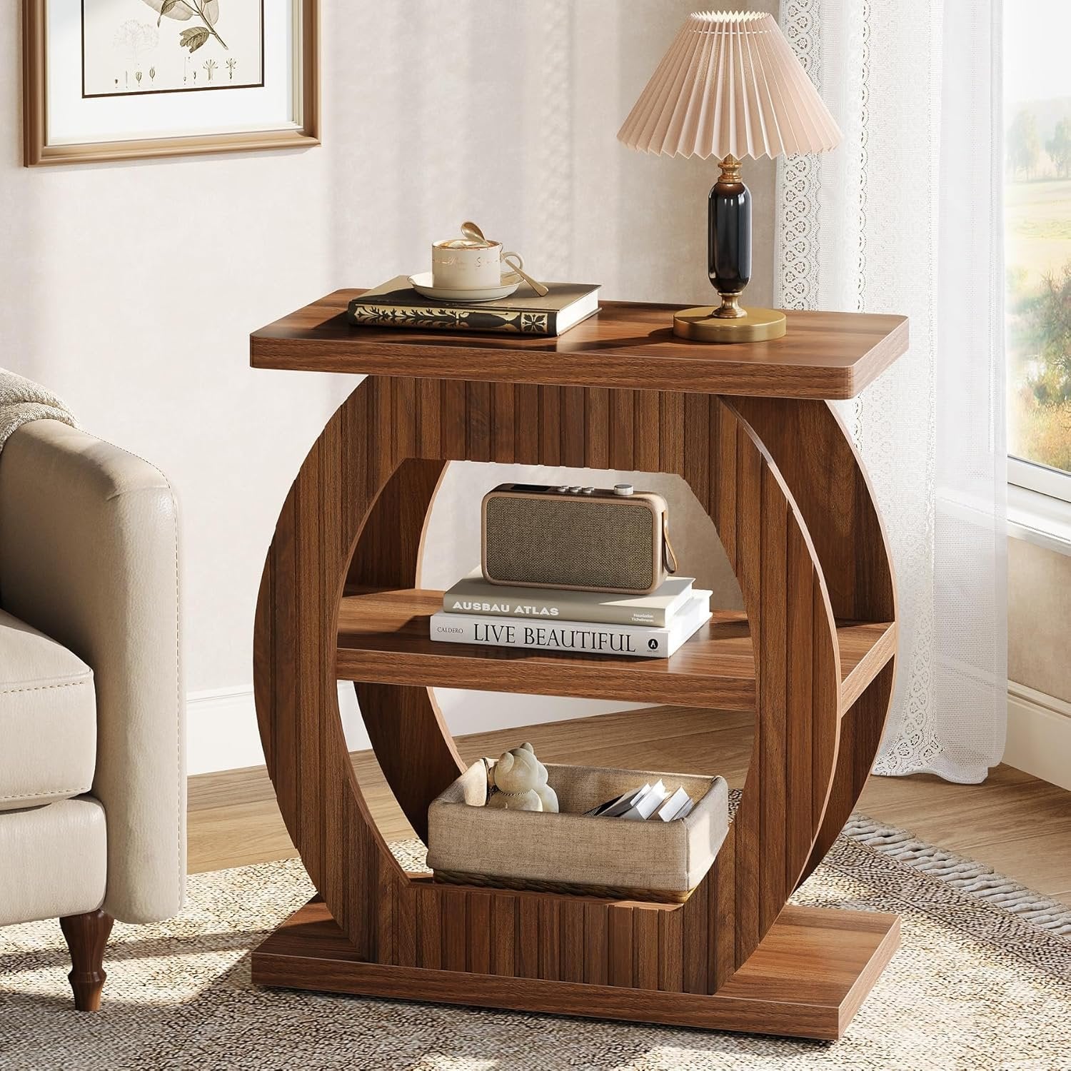 66 cm 3-stöckiger Beistelltisch - Gerillter Nachttisch in Braun für Wohnzimmer & Schlafzimmer